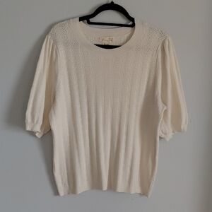 Marled Cream Ivory Pointelle Knit Short Sleeve Sweater Blouse Preppy Coquette XL